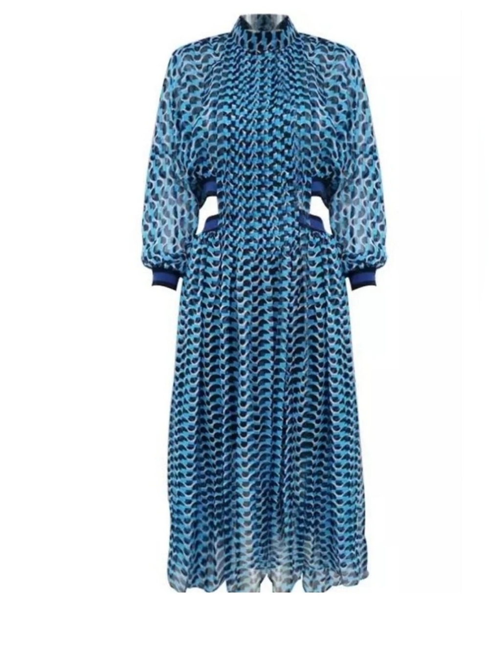Blue Patterned Long Sleeve Midi Dress - Small